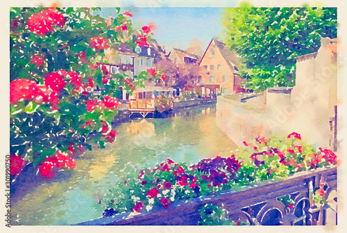 summer Colmar town near Strasbourg, France, watercolor style