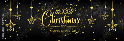 Horizontal christmas banner with golden text and elements on a black background. Vector illustration.