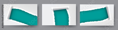 Torn paper holes in white paper with torn sides with space for text. Realistic set with ripped edges for web and print.