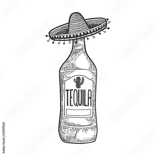 Tequila in mexican sombrero hat sketch engraving vector illustration. T-shirt apparel print design. Scratch board style imitation. Black and white hand drawn image.