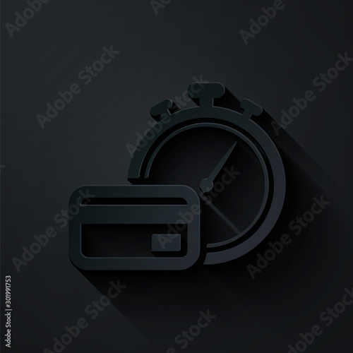 Paper cut Fast payments icon isolated on black background. Fast money transfer payment. Financial services, fast loan, time is money, cash back concept. Paper art style. Vector Illustration