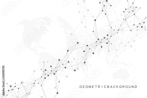 Geometric abstract background with connected line and dots. Network and connection background for your presentation. Graphic polygonal background. Scientific vector illustration.