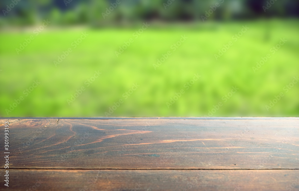 Empty wood table top on blur abstract green from garden in morning background. can be used for display or montage your products Empty wood table top on blur abstract green from garden in morning background. can be used for display or montage your products