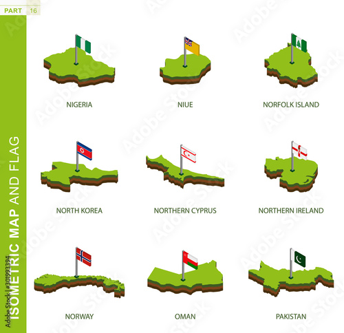 Set of 9 isometric map and flag, 3D vector isometric shape.