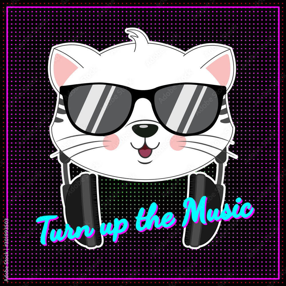 Beautiful positive cartoon cat in sunglasses listen music.