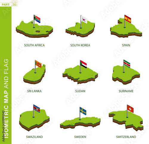 Set of 9 isometric map and flag, 3D vector isometric shape.