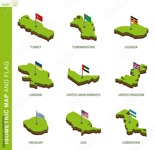Set of 9 isometric map and flag, 3D vector isometric shape.