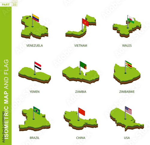 Set of 9 isometric map and flag, 3D vector isometric shape.