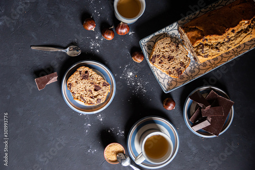 chestnut and chocolate chip cake for an autumn snack, top view