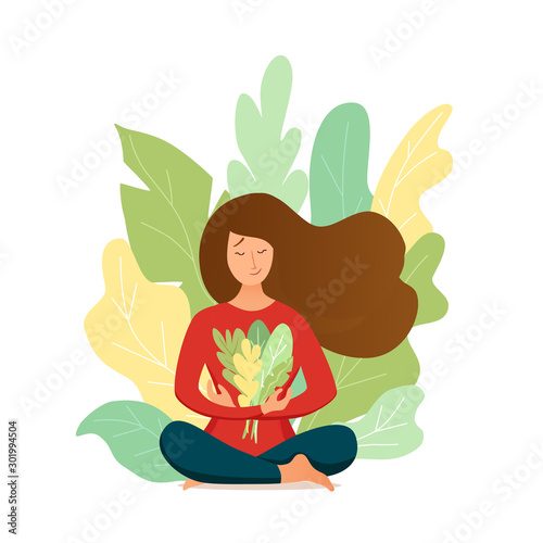 Young girl doing yoga pose meditation vector illustration.