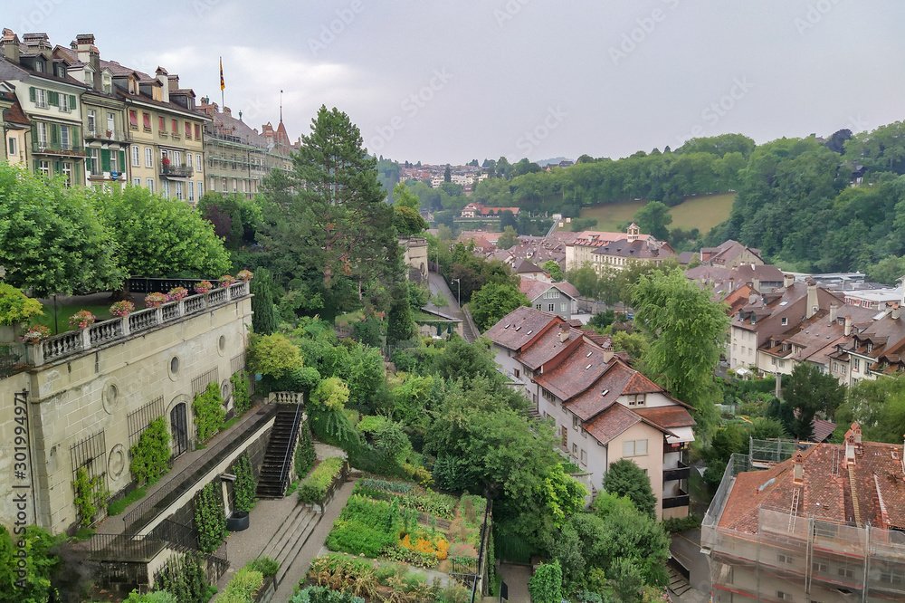 Tiled roofs of houses and terraced gardens in the old city, Bern, Switzerland