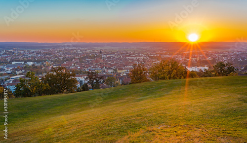 Canvastavla Cityscape sunset over city of Amberg, Germany, Bavaria, panorama view