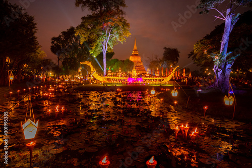 Photography Sukhothai Loy Kratong Festival or full moon party at The Sukhothai Historical Pa