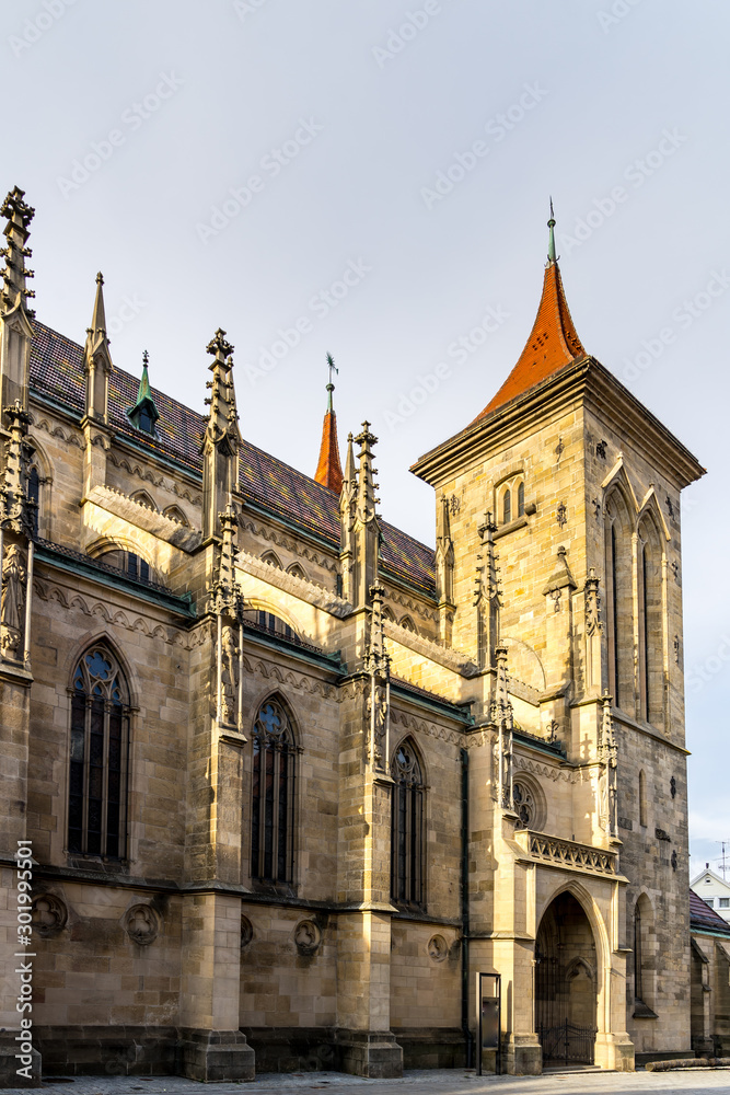 Fototapeta premium Germany, Impressive old gothic style church building st mary, called marienkirche in downtown reutlingen city at the marketplace