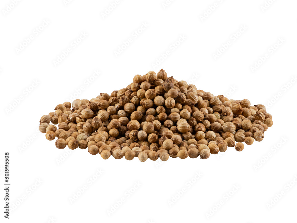 Small pile of dried coriander seeds isolated on white background with copy space for text or images. Spices and herbs. Packaging concept. Close-up. Small pile of dried coriander seeds isolated on white background with copy space for text or images. Spices and herbs. Packaging concept. Close-up.