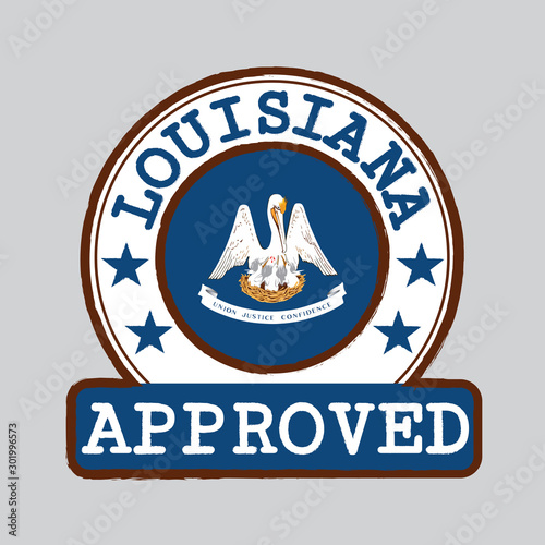 Vector Stamp of Approved logo with Louisiana Flag in the round shape on the center. The states of America. Grunge Rubber Texture Stamp of Approved from Louisiana.