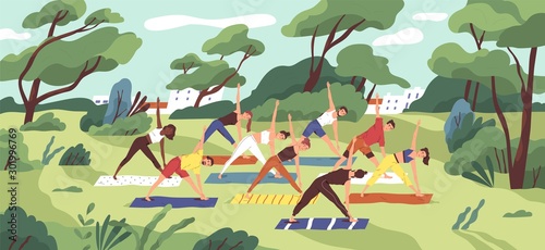 Outdoor yoga class flat vector illustration. Young women in sportswear training together in city park cartoon characters. Healthy lifestyle, active recreation. Open air workout, physical exercising.