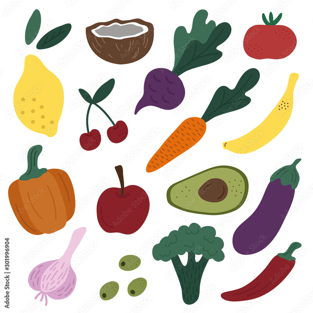Set of vegetables and fruits.Good for restaurant menu.Collection of healthy food.Multi-colored icons. Set of vegetables and fruits.Good for restaurant menu.Collection of healthy food.Multi-colored icons.