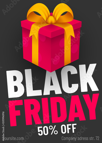 Black Friday sale web banner template. Present box poster for seasonal discount offer.