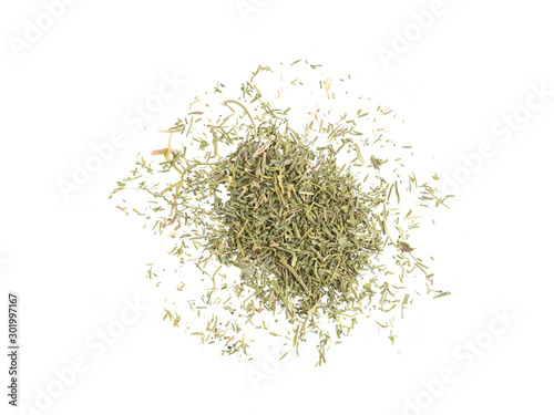 Some ground dill isolated on white background with copy space for text, images. Spices and herbs. Packaging concept. Close-up, top view.