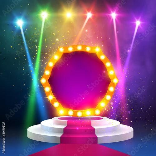 Red carpet with a round podium and retro frame illuminated by spotlights. Stage with scenic lights. Show invitation concept. Stage podium with ceremonial red carpet. EPS 10 vector illustration.