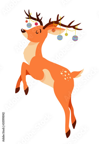 Cute cartoon deer with christmas balls on horns isolated on white background. Christmas greeting card.