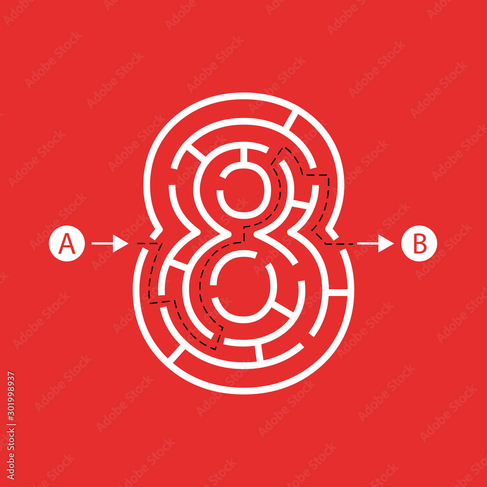 Number shape Maze Labyrinth, maze with one way to entrance and one way to exit. Flat design, vector illustration. Number shape Maze Labyrinth, maze with one way to entrance and one way to exit. Flat design, vector illustration.