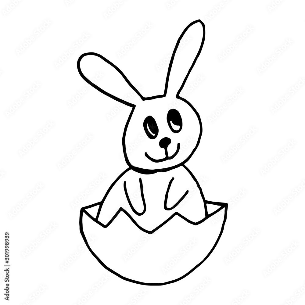 Obraz premium Cute easter icon and animal pet collection, with easter eggs in nest, rabbit and lettering. Hand drawn vector illustration.