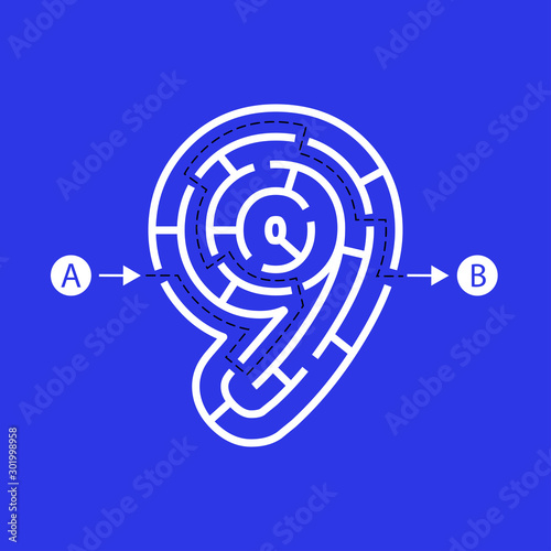 Number shape Maze Labyrinth, maze with one way to entrance and one way to exit. Flat design, vector illustration.