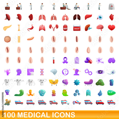 100 medical icons set. Cartoon illustration of 100 medical icons vector set isolated on white background