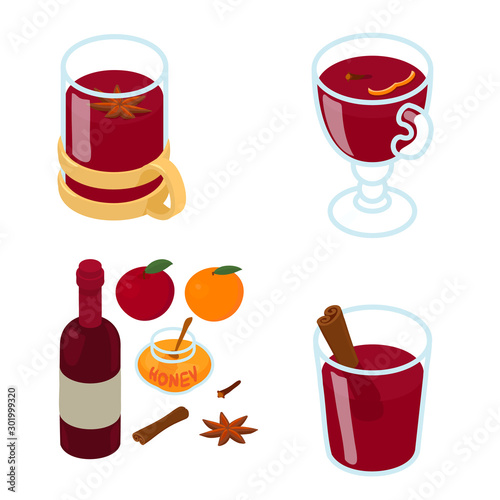 Mulled wine icons set. Isometric set of mulled wine vector icons for web design isolated on white background