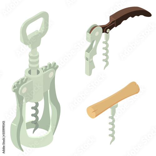 Corkscrew icons set. Isometric set of corkscrew vector icons for web design isolated on white background