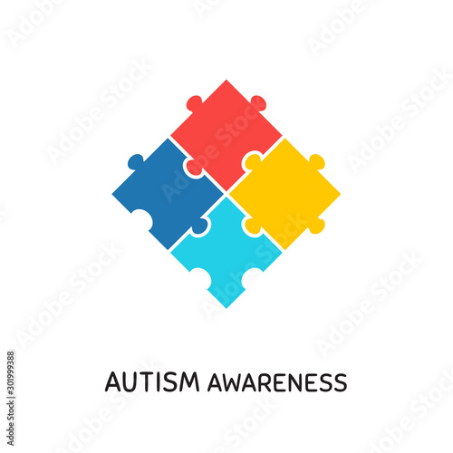 Autism awareness month vector banner design element. Children with brain development disorder support, ASD solidarity symbol. Colorful jigsaw puzzle flat illustration with typography