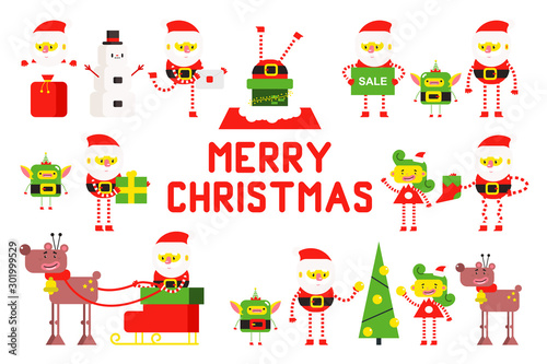 Cute Santa Claus  Christmas tree  reindeer  elf  girl and snowman. Vector cartoon character set isolated on white background.