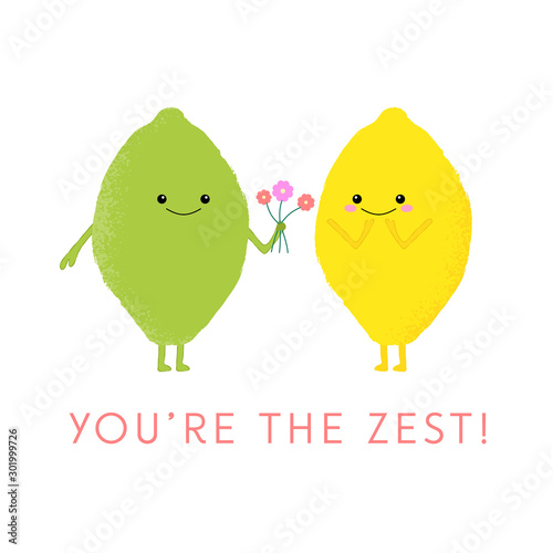 Vector illustration of a cute lemon and lime with kawaii faces. You're the Zest! Cute food concept.