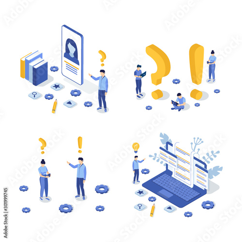 Woman and man standing near exclamations and question mark. Customer support concept. Contact us. FAQ. Set of Isometric Vector Illustration.