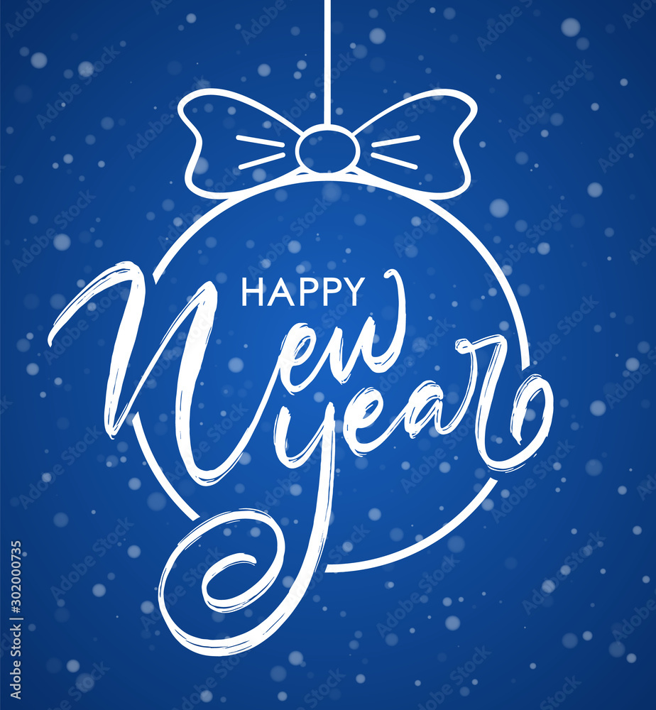 Handwritten brush lettering composition of Happy New Year on snowfall background