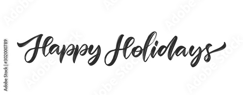 Handwritten calligraphic modern brush type lettering of Happy Holidays on white background