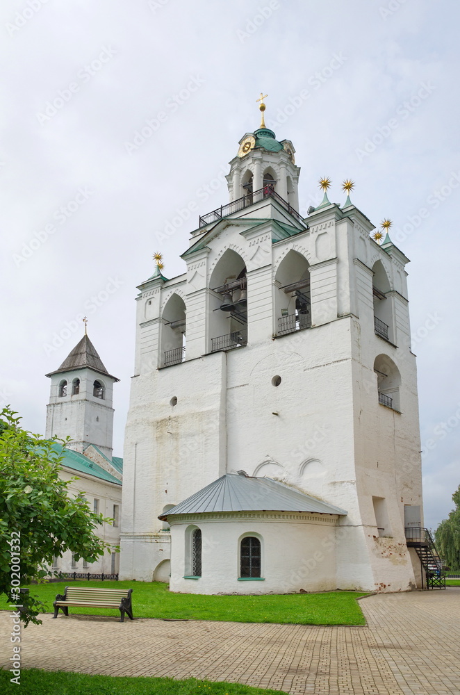 Yaroslavl, Russia - July 25, 2019: Spaso-Preobrazhensky monastery (Spaso-Yaroslavsky monastery). Belfry with the Church of our lady of Pecherskaya