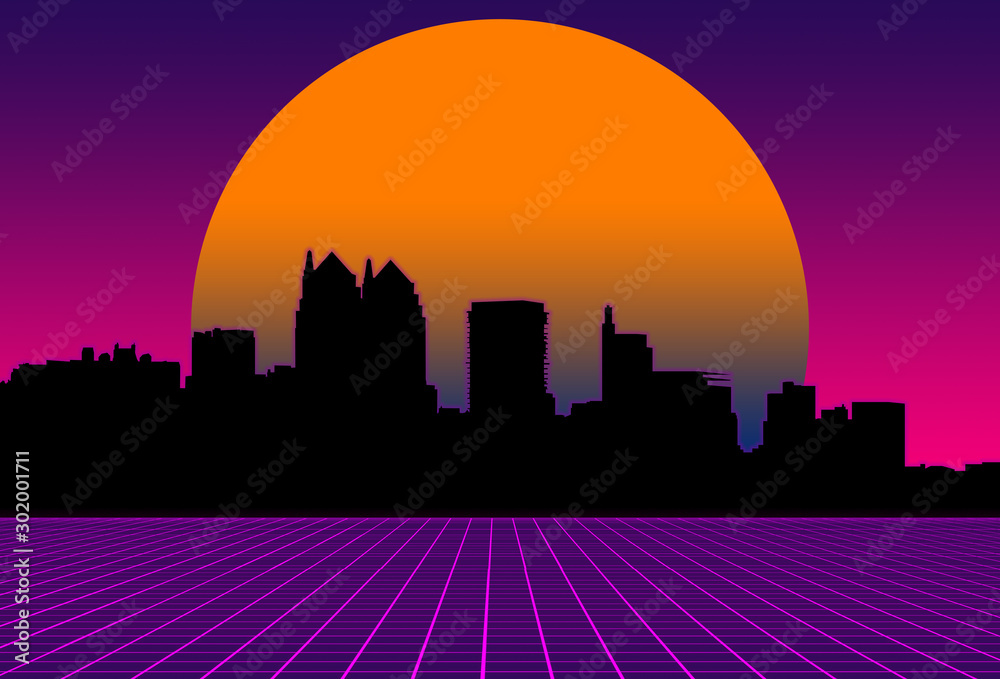 80s style sci-fi, purple background, orange sunset behind black city landscape. futuristic illustration or poster template. Synthwave banner.