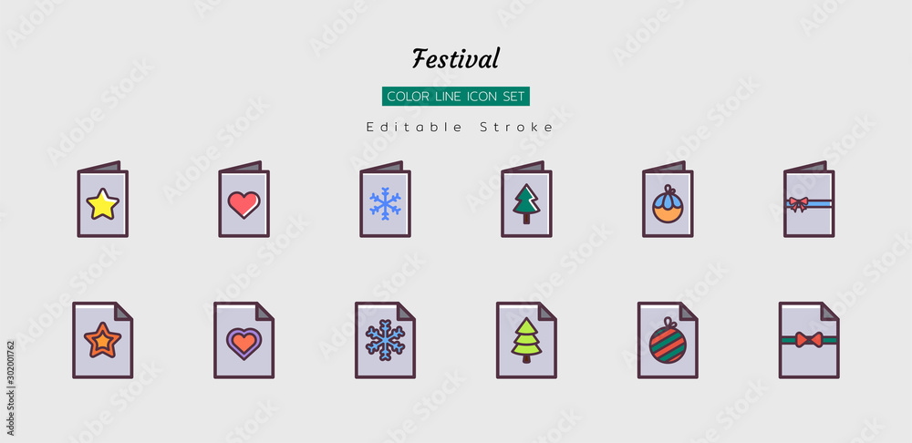 filled color line icon symbol set, festival celebration, christmas, new year, card,  Isolated flat vector design, editable stroke