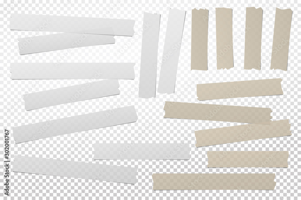 Brown, white adhesive, sticky, masking, duct tape strips for text are on squared gray background. Vector illustration
