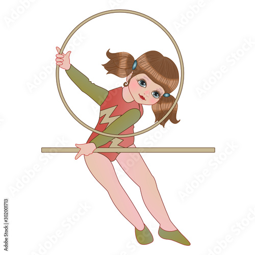 girl gymnast dressed in pink leotard performs an exercise with a hoop, color clip-art on a white isolated background