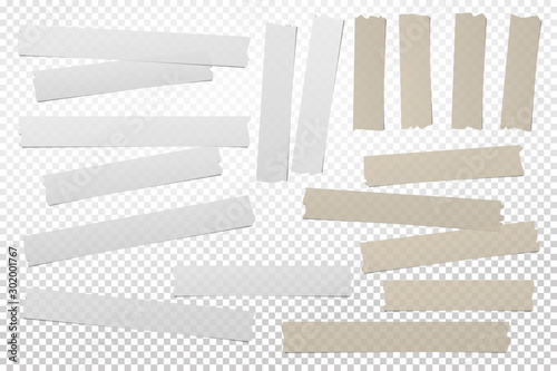 Brown, white adhesive, sticky, masking, duct tape strips for text are on squared gray background. Vector illustration