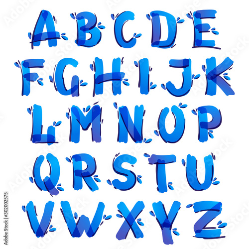 Ecology alphabet with blue water drops handwritten with a felt-tip pen.