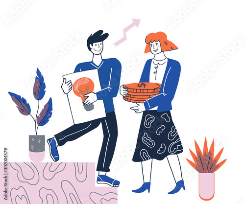 Business idea and investments to advanced technology, innovations financing concept with people characters - man inspired by new ideas and woman investing money to project. Sketch vector illustration.