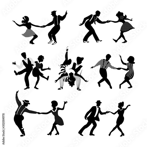 Rock n roll and jazz dancing couples set. Swing dancing silhouettes. people in 1940s and 1950s style. Retro black and white vector illustration.