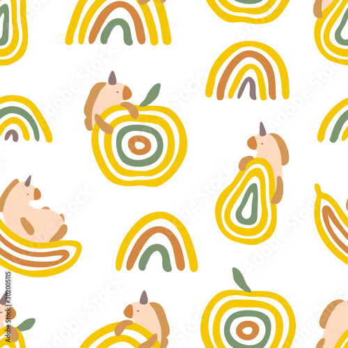 Unicorns and fruits seamless vector pattern. Bright, cute design with rainbows.