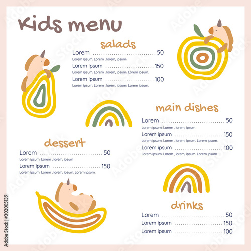 Square kids menu vector template with unicorns and fruits. Bright, cute design with rainbows.