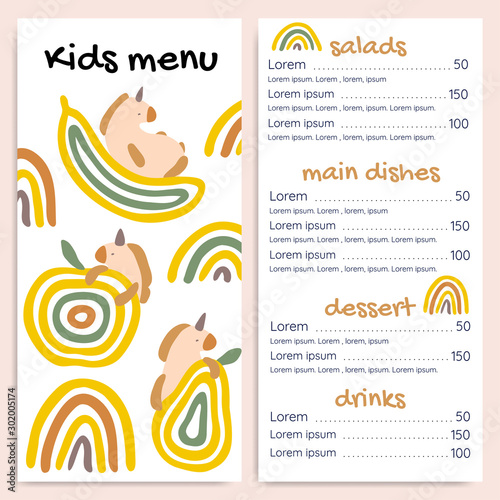 Kids menu vector template with unicorns and fruits. Bright, cute design with rainbows.